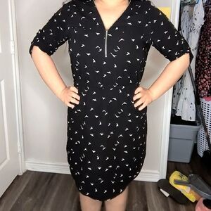 Iris Black Dress with White Bird Pattern